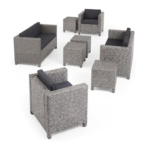 Puerta Mixed Black 8-Piece Plastic Patio Conversation Seating Set with Dark Grey Cushions