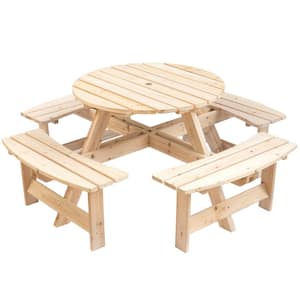 Natural 8-Person Round Wooden Outdoor Patio Garden Picnic Table with Bench