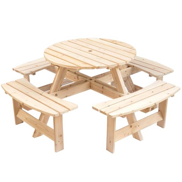 GARDENISED Natural 8-Person Round Wooden Outdoor Patio Garden Picnic Table with Bench