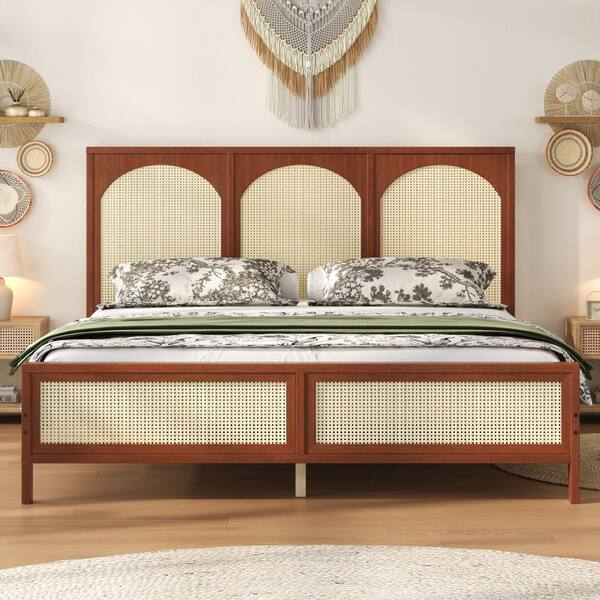 Nestfair Walnut Wood Frame King Size Platform Bed with Rattan