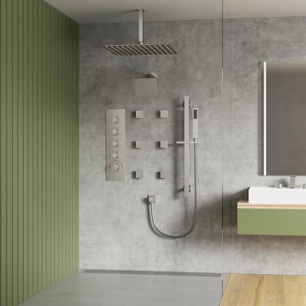 YAWWALK Thermostatic Valve 15-Spray 16 and 6 in. Dual Ceiling Mount Shower Head and Handheld Shower in Brushed Nickel