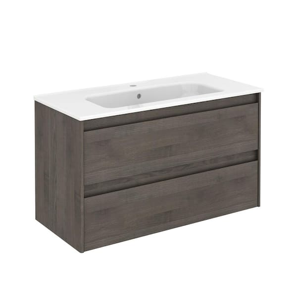 Ambra 39.8 in. W x 18.1 in. D x 22.3 in. H Bathroom Vanity Unit in Samara Ash with Vanity Top and Basin in White