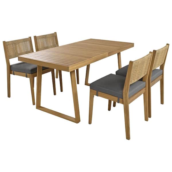 Zeus & Ruta 5-Piece Acacia Wood Outdoor Dining Set with Gray Cushions and Stylish Chair Back for Balcony, Vourtyard, and Garden