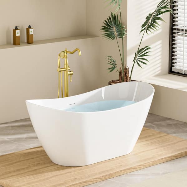 VELA 60 in. x 29 in. Freestanding Acrylic Double Slipper Soaking Bathtub in Glossy White with Chrome Center Drain