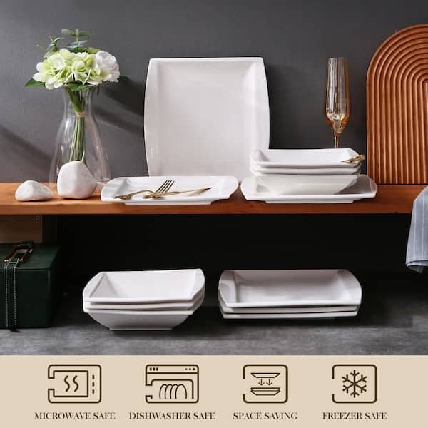 MALACASA Dinnerware Sets, 24-Piece Porcelain Square Dishes, Gray White  Modern Dish Set for 6 - Plates and Bowls Sets, Ideal for Dessert, Salad,  and