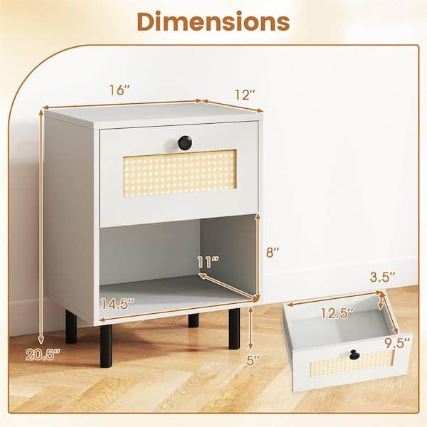 2-Pieces White 1 Drawer 16 in. W Rattan Nightstand Boho End Table with Drawer and Open Shelf for Living Room