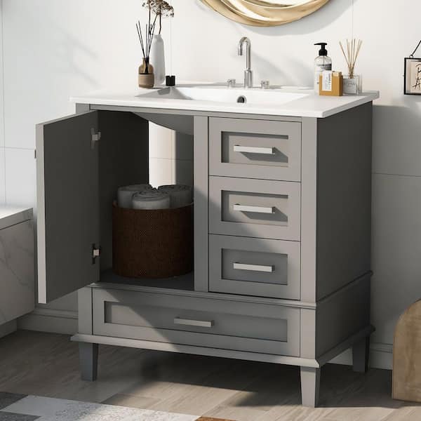 30 in. W Single Sink Freestanding Bath Vanity in Gray with White Ceramic Top and 3 Drawers, Soft Closing Door