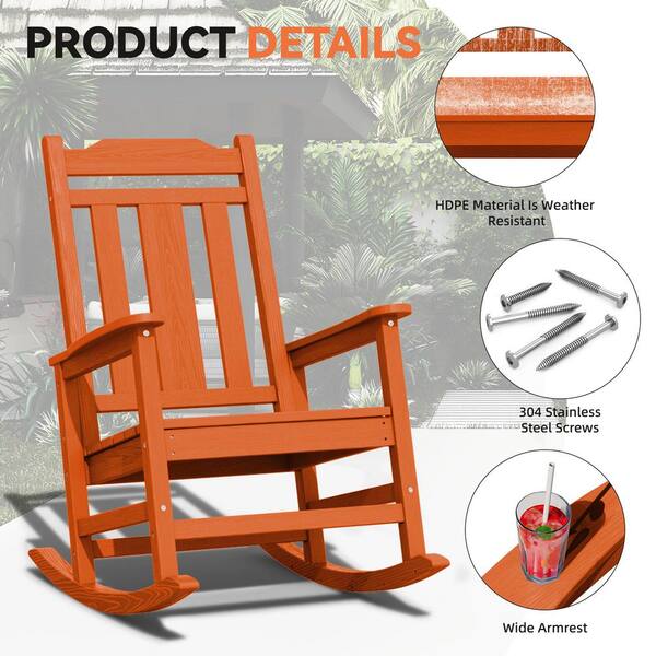 JEAREY Dark Orange HDPE Plastic Adirondack Chair Outdoor Rocking