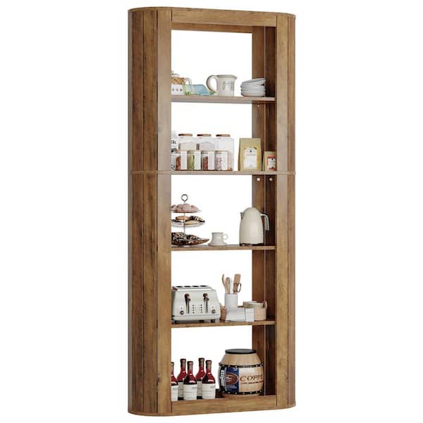 Keenyah Brown Wood 31.5 in. Pantry Cabinet with 5 Open Storage Shelf