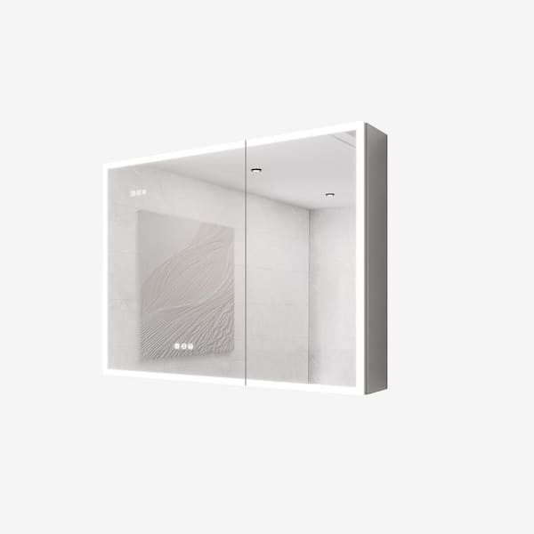 36 in. W x 24 in. H Rectangular Aluminum Surface Mount Medicine Cabinet with Mirror and Light, 2-Outlets and USB Ports