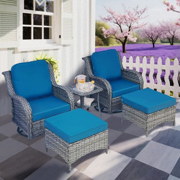 5-Piece Wicker Patio Conversation Set with Blue Cushions-2 Swivel Rocking Chairs, 2 Ottomans and 1 Side Table