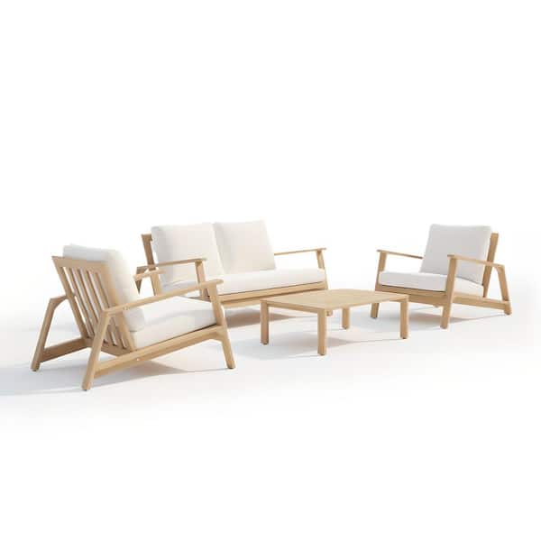 Ciera 4-Piece Acacia Wood Patio Conversation Deep Seating Set With White Cushions