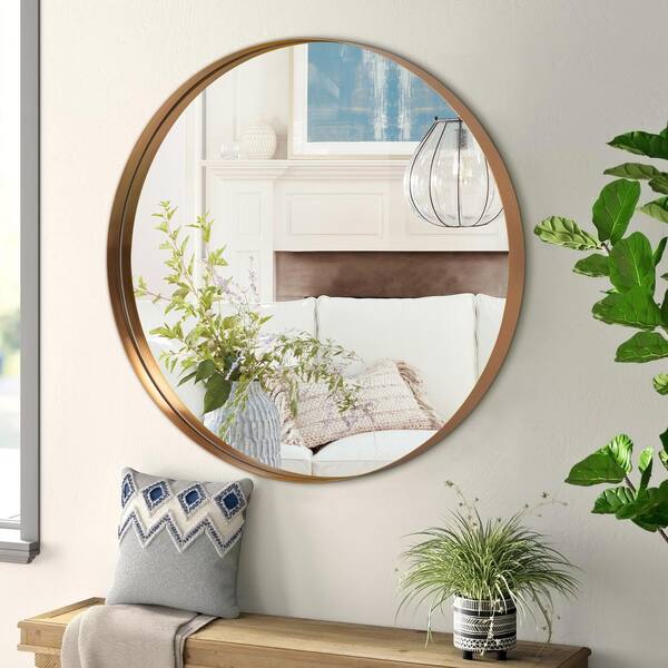 32 in. H x 32 in. W Round Deep Framed Mirror Aluminum Alloy Gold Wall ...