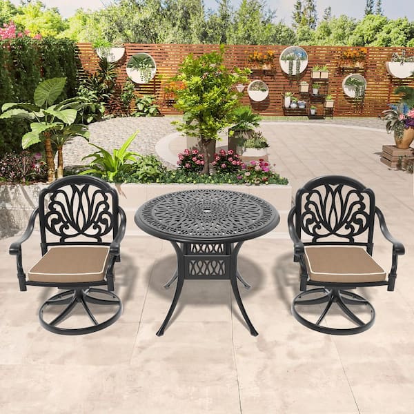 3-Piece Aluminum Outdoor Dining Set with Brown Cushions, 2 Swivel Chairs and 1 Round Table, Patio Furniture Set