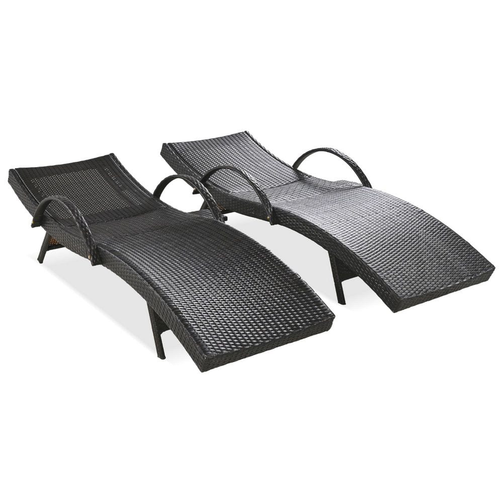 2-Piece Dark Brown Wicker Outdoor Chaise Lounges with Pull-out Side Table a