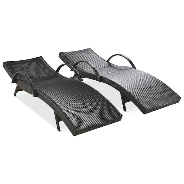 Unbranded 2-Piece Dark Brown Wicker Outdoor Chaise Lounges with Pull-out Side Table and Adjustable Backrest