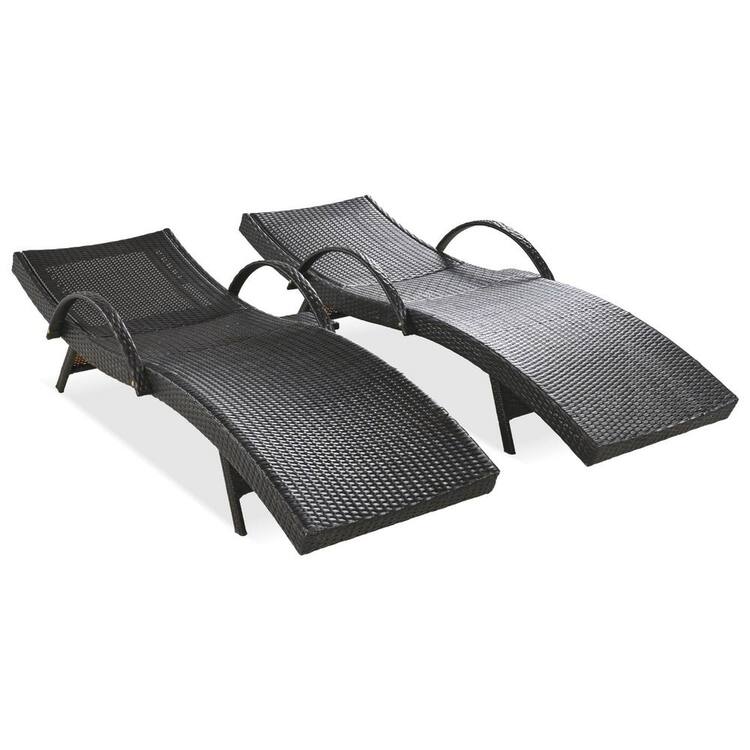 2-Piece Dark Brown Wicker Outdoor Chaise Lounges with Pull-out Side Table and Adjustable Backrest