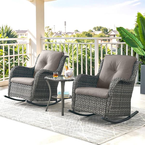 Gymojoy Carolina Gray 3-Piece Wicker Patio Conversation Set with Gray Cushions
