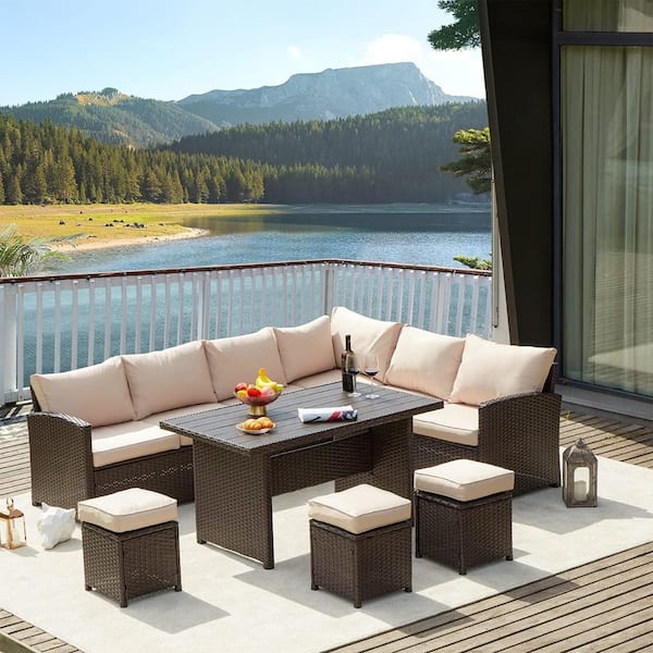 AECOJOY 7-Pieces Patio Brown Wicker Furniture Set with Beige Cushions