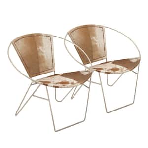 Light Brown Leather Round Chair with Silver Frame (Set of 2)