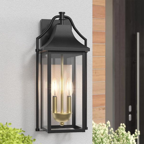 Hawaii 18 in. H 2-Bulb Black/Gold Hardwired Outdoor Wall Lantern Sconce with Dusk to Dawn No Bulbs Included