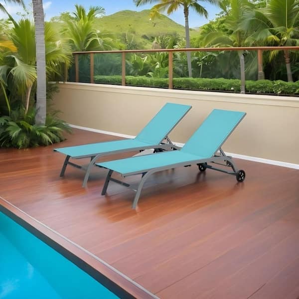 Gray Aluminum Frame Adjustable Backrest Outdoor Lounge Chair in Lake, for Patio Poolside Blue Beach (Set of 2)