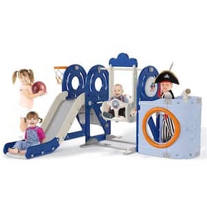 5.9 ft. Blue 5-in-1 Toddler Slide and Swing Set, Pirate Ship Themed Baby Slide for Toddlers Aged 1-3