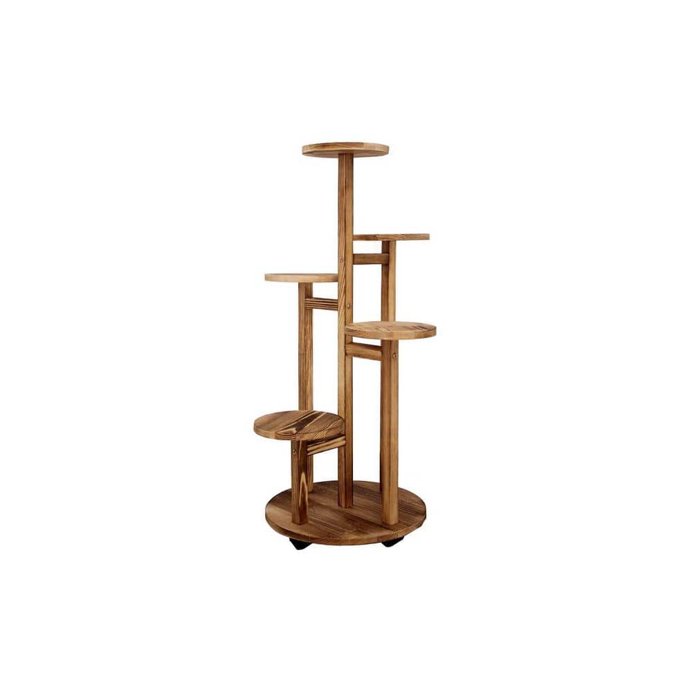 Walnut 5-Tier Pine Wood Indoor Plant Stand with Wheels