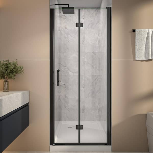 32-34 in. W x 72 in. H Bi-Fold Frameless Shower Door in Black with Clear Glass