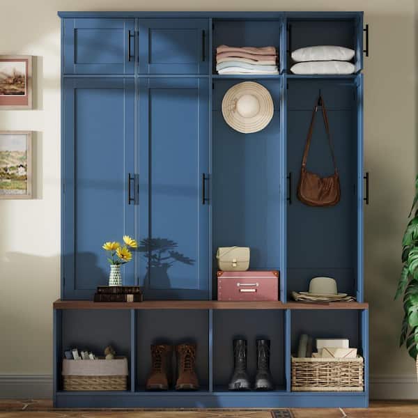 Blue Farmhouse Hall Tree with 40-Hidden Hanging Hooks, Versatile Walnut Entryway Shoe Cabinet, 8-Doors
