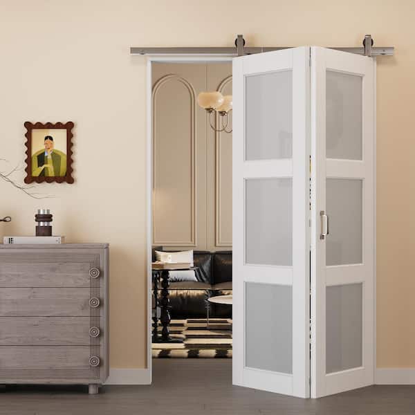 56 in. x 80 in. 3-Lite Tempered Frosted Glass White Primed Glass Bifold Sliding Barn Door with Hardware Kit