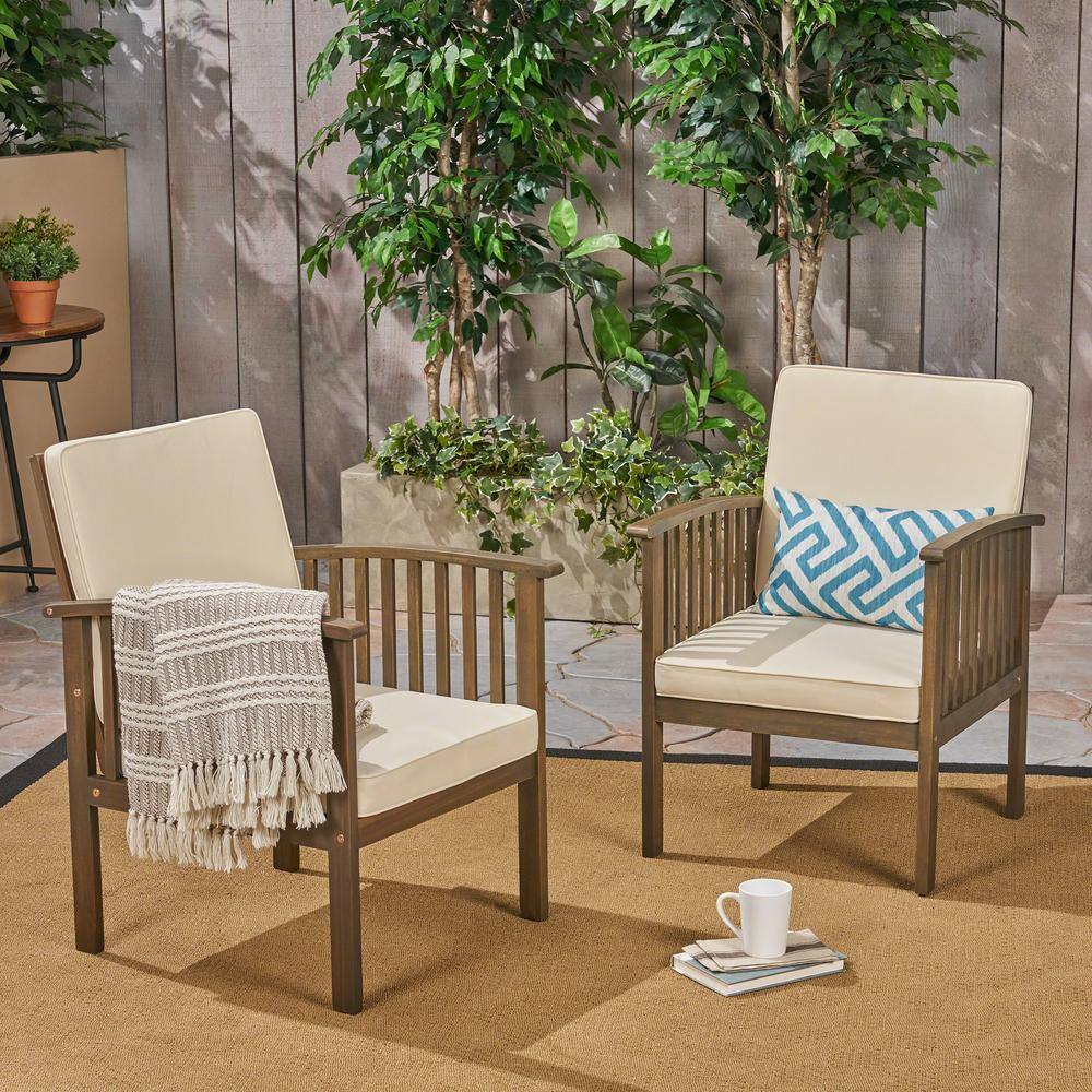 Gray Acacia Wood Outdoor Club Chairs with Cream Cushions