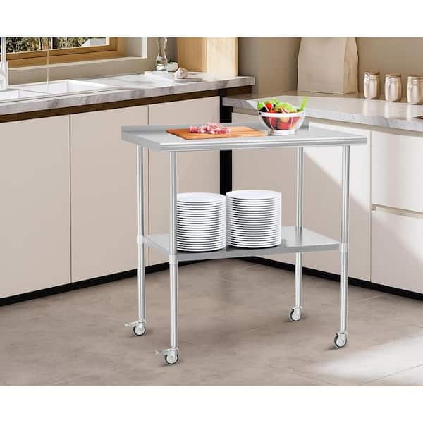 Tileon Stainless Steel Table, Metal Prep Table with Adjustable Undershelf Wheels for Commercial Kitchen and Garage in Silver