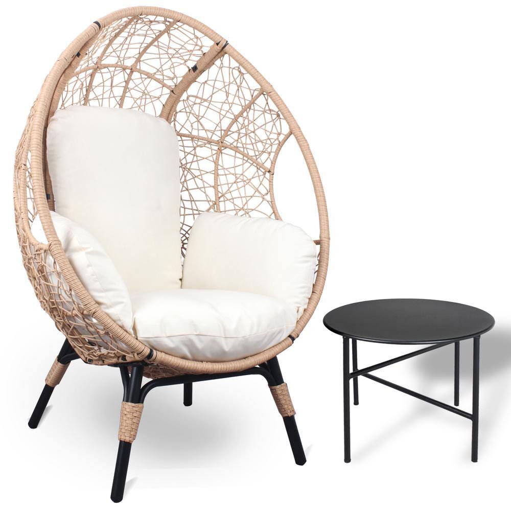 Natural Color Wicker Patio Egg Lounge Chair with Beige Cushion and Side Tab