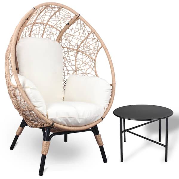 Unbranded Natural Color Wicker Patio Egg Lounge Chair with Beige Cushion and Side Table Water and Sun Resistance for Garden