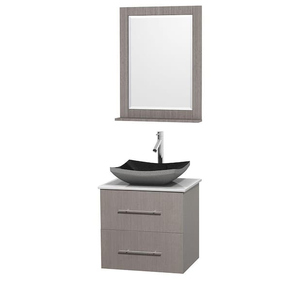 Wyndham Collection Centra 24 in. Vanity in Gray Oak with Solid-Surface Vanity Top in White, Black Granite Sink and 24 in. Mirror