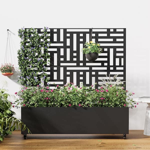 47 in. x 47 in. Black Outdoor Metal Privacy Screen Raised Planter Box Wall Decor