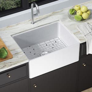 Farmhouse Apron-Front Fireclay 24 in. Single Bowl Workstation Kitchen Sink with Bottom Grid and Strainer in White