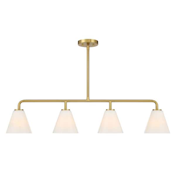 Blair 4-Light Warm Brass Transitional Linear Chandelier with Strie Glass Shades