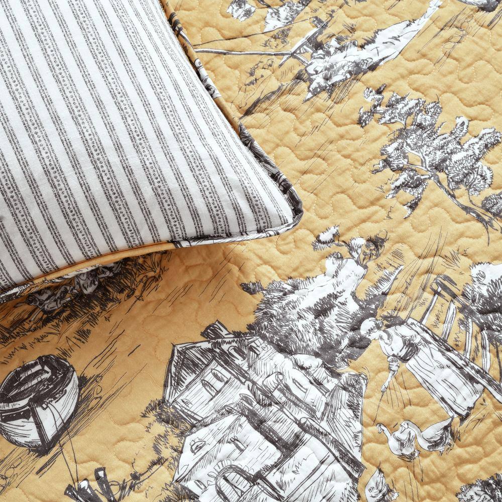 French Country Toile Yellow & White Cotton Full Quilt Set