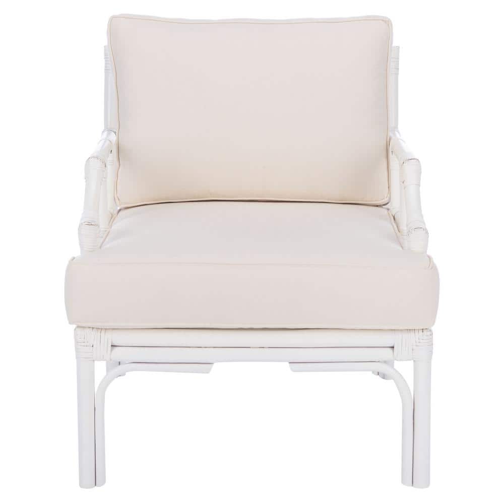 Chinoiserie-Chic White Rattan Accent Chair with Plush Cushion