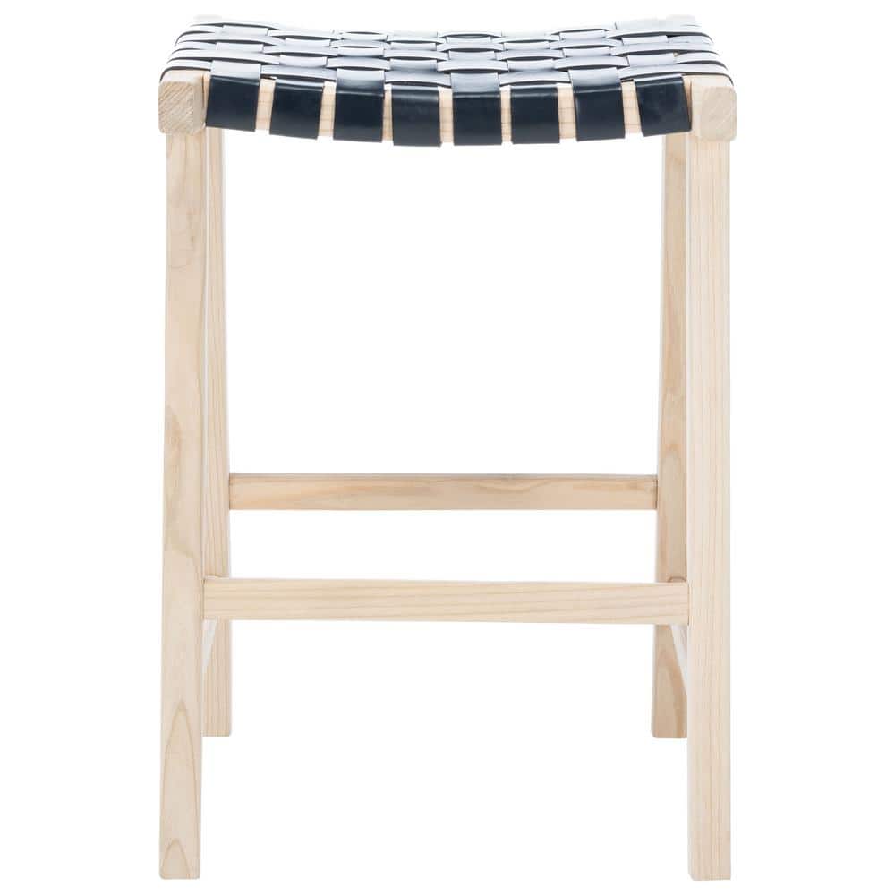 Elegant Airy Charm Black Woven Leather and Natural Wood Counter Stool