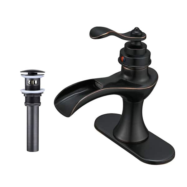 PERLIRIA INC Waterfall Single Hole Single-Handle Bathroom Sink Faucet with Pop-up Drain Assembly and Escutcheon in Oil Rubbed Bronze
