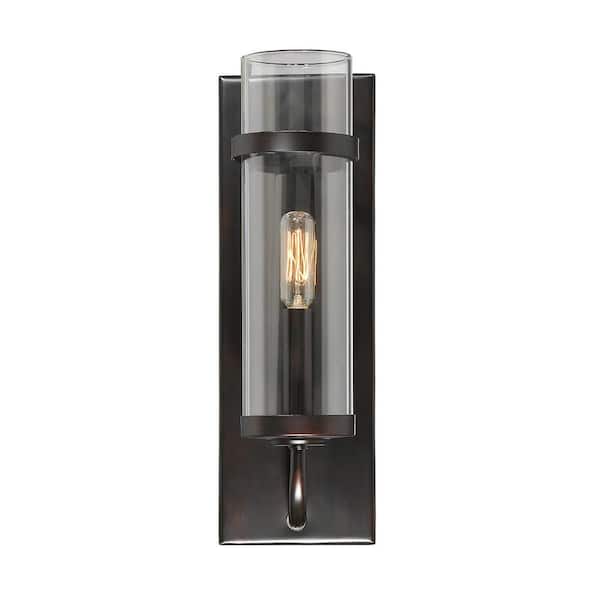 Savoy House Tulsa 4.75 in. W x 13.75 in. H 1-Light English Bronze Wall Sconce with Clear Glass Cylindrical Shade