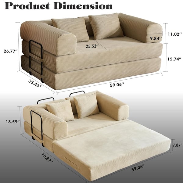 59.05 in. Beige Striped Corduroy Twin Size Convertible Sofa Bed