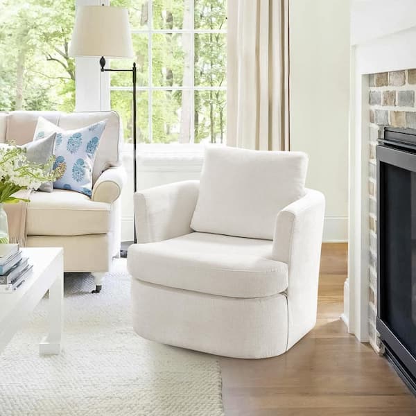 LUE BONA Carino 360° Beige Modern Swivel Barrel Chair Chenille Upholstered Comfy Accent Armchair with Tall Backrest