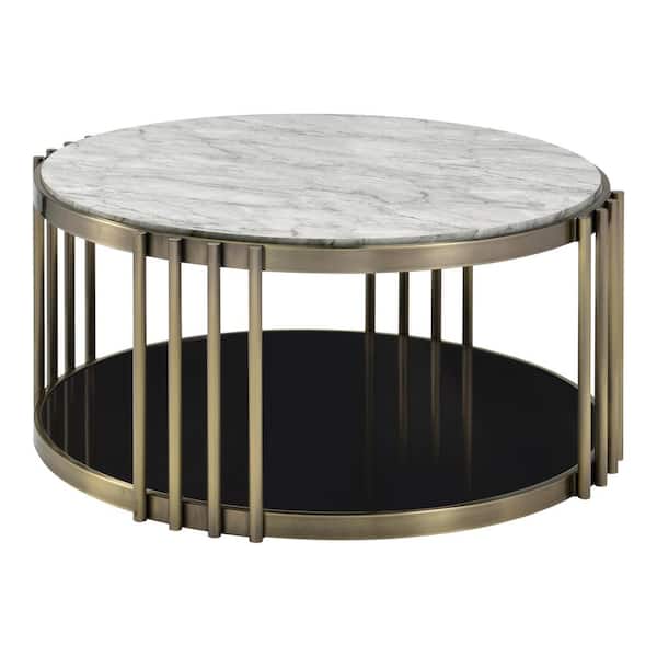 Furniture of America Hexalla 37 .63 in. Black and Glossy White Round Faux Marble Coffee Table