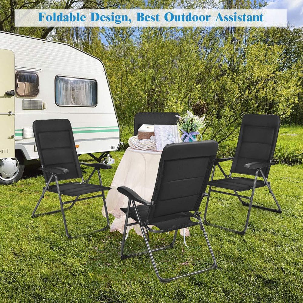 Black Adjustable Steel Frame Outdoor Folding Chairs, Set of 4