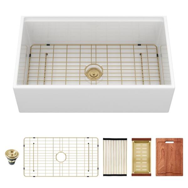 33 in. Farmhouse/Apron-Front Single Bowl White Ceramic with Grid & Strainer