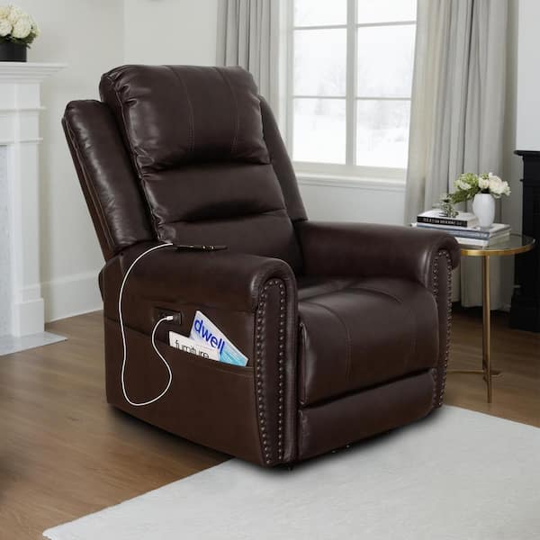 LY & S Collection Brown Leather Standard (No Motion) Recliner with Adjustable Headrest